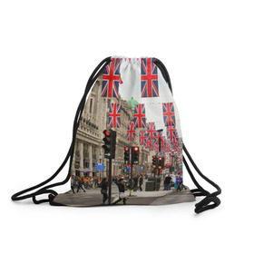 Рюкзак-мешок 3D с принтом Улицы Лондона в Тюмени, 100% полиэстер | плотность ткани — 200 г/м2, размер — 35 х 45 см; лямки — толстые шнурки, застежка на шнуровке, без карманов и подкладки | Тематика изображения на принте: city | england | flags | london | moving | pedestrians | people | street | traffic lights | united kingdom | англия | великобритания | город | лондон | люди | переход | пешеходы | светофоры | улица | флаги