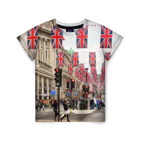 Детская футболка 3D с принтом Улицы Лондона в Тюмени, 100% гипоаллергенный полиэфир | прямой крой, круглый вырез горловины, длина до линии бедер, чуть спущенное плечо, ткань немного тянется | city | england | flags | london | moving | pedestrians | people | street | traffic lights | united kingdom | англия | великобритания | город | лондон | люди | переход | пешеходы | светофоры | улица | флаги