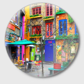 Значок с принтом Улицы Лондона в Тюмени,  металл | круглая форма, металлическая застежка в виде булавки | bright | city | color | courtyard | england | london | paint | street | united kingdom | англия | великобритания | город | дворик | краски | лондон | улица | цвет | яркие