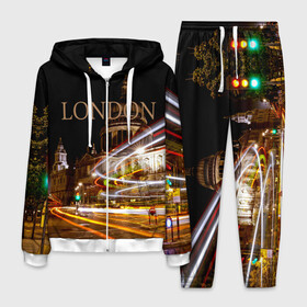 Мужской костюм 3D с принтом Улицы Лондона в Тюмени, 100% полиэстер | Манжеты и пояс оформлены тканевой резинкой, двухслойный капюшон со шнурком для регулировки, карманы спереди | city | england | lights | london | night | street | united kingdom | англия | великобритания | город | лондон | ночь | огни | улица