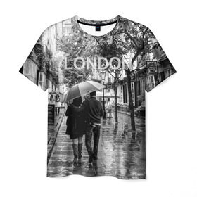 Мужская футболка 3D с принтом Улицы Лондона в Тюмени, 100% полиэфир | прямой крой, круглый вырез горловины, длина до линии бедер | англия | бульвар | великобритания | влюбленные | дождь | зонтик | лондон | улица