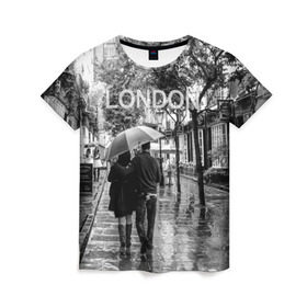 Женская футболка 3D с принтом Улицы Лондона в Тюмени, 100% полиэфир ( синтетическое хлопкоподобное полотно) | прямой крой, круглый вырез горловины, длина до линии бедер | англия | бульвар | великобритания | влюбленные | дождь | зонтик | лондон | улица