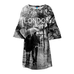 Детское платье 3D с принтом Улицы Лондона в Тюмени, 100% полиэстер | прямой силуэт, чуть расширенный к низу. Круглая горловина, на рукавах — воланы | Тематика изображения на принте: англия | бульвар | великобритания | влюбленные | дождь | зонтик | лондон | улица