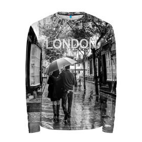 Мужской лонгслив 3D с принтом Улицы Лондона в Тюмени, 100% полиэстер | длинные рукава, круглый вырез горловины, полуприлегающий силуэт | Тематика изображения на принте: англия | бульвар | великобритания | влюбленные | дождь | зонтик | лондон | улица