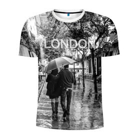 Мужская футболка 3D спортивная с принтом Улицы Лондона в Тюмени, 100% полиэстер с улучшенными характеристиками | приталенный силуэт, круглая горловина, широкие плечи, сужается к линии бедра | англия | бульвар | великобритания | влюбленные | дождь | зонтик | лондон | улица