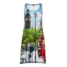 Платье-майка 3D с принтом Улицы Лондона в Тюмени, 100% полиэстер | полуприлегающий силуэт, широкие бретели, круглый вырез горловины, удлиненный подол сзади. | city | england | london | united kingdom | англия | великобритания | город | лондон