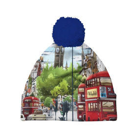 Шапка 3D c помпоном с принтом Улицы Лондона в Тюмени, 100% полиэстер | универсальный размер, печать по всей поверхности изделия | city | england | london | united kingdom | англия | великобритания | город | лондон