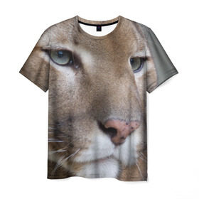 Мужская футболка 3D с принтом Пума в Тюмени, 100% полиэфир | прямой крой, круглый вырез горловины, длина до линии бедер | животные | кис | киска | кот | котенок | котик | кошечка | кошка | львиц | пантера | пума | рысь | хищник