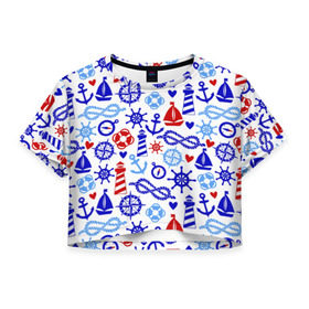 Женская футболка 3D укороченная с принтом Речник в Тюмени, 100% полиэстер | круглая горловина, длина футболки до линии талии, рукава с отворотами | вода | канат | компас | круг | маяк | море | парус | спасатель | узел | якорь