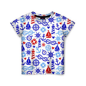 Детская футболка 3D с принтом Речник в Тюмени, 100% гипоаллергенный полиэфир | прямой крой, круглый вырез горловины, длина до линии бедер, чуть спущенное плечо, ткань немного тянется | вода | канат | компас | круг | маяк | море | парус | спасатель | узел | якорь
