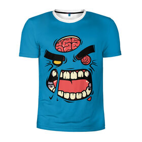 Мужская футболка 3D спортивная с принтом Angry Zombie в Тюмени, 100% полиэстер с улучшенными характеристиками | приталенный силуэт, круглая горловина, широкие плечи, сужается к линии бедра | brain | evil | face | halloween | monster | smile | zombie | зомби | лицо | мозг | монстр | нечисть | смайл | хэллоуин