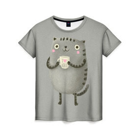 Женская футболка 3D с принтом Cat Love Kill в Тюмени, 100% полиэфир ( синтетическое хлопкоподобное полотно) | прямой крой, круглый вырез горловины, длина до линии бедер | animal | beast | cat | feline | kill | kitty | love | meow | взгляд | животное | зверь | кот | котенок | котик | кофе | кошка | любовь | мяу | чай