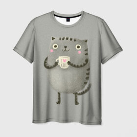 Мужская футболка 3D с принтом Cat Love Kill в Тюмени, 100% полиэфир | прямой крой, круглый вырез горловины, длина до линии бедер | Тематика изображения на принте: animal | beast | cat | feline | kill | kitty | love | meow | взгляд | животное | зверь | кот | котенок | котик | кофе | кошка | любовь | мяу | чай