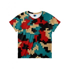 Детская футболка 3D с принтом Camouflage в Тюмени, 100% гипоаллергенный полиэфир | прямой крой, круглый вырез горловины, длина до линии бедер, чуть спущенное плечо, ткань немного тянется | Тематика изображения на принте: камуфляж | пиксельный | разноцветный