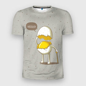 Мужская футболка 3D спортивная с принтом Яйцо приветствует в Тюмени, 100% полиэстер с улучшенными характеристиками | приталенный силуэт, круглая горловина, широкие плечи, сужается к линии бедра | cook | eat | egg | food | funny | hello | smile | еда | кухня | повар | привет | прикол | смайл | улыбка | яйцо