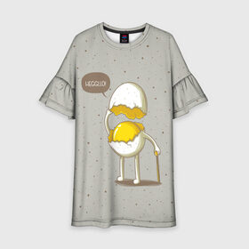 Детское платье 3D с принтом Яйцо приветствует в Тюмени, 100% полиэстер | прямой силуэт, чуть расширенный к низу. Круглая горловина, на рукавах — воланы | cook | eat | egg | food | funny | hello | smile | еда | кухня | повар | привет | прикол | смайл | улыбка | яйцо