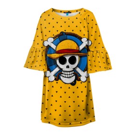 Детское платье 3D с принтом One Pirate в Тюмени, 100% полиэстер | прямой силуэт, чуть расширенный к низу. Круглая горловина, на рукавах — воланы | bone | jack | luffy | ocean | one piece | pirate | sea | skull | treasure | большой куш | брук | джек | клад | луффи | море | нами | океан | пират | робин | санджи | сокровище | флаг | франки | череп