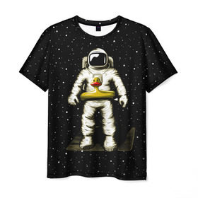Мужская футболка 3D с принтом Космонавт с уточкой в Тюмени, 100% полиэфир | прямой крой, круглый вырез горловины, длина до линии бедер | астронавт | ванна | галактика | звезды | космонавт | планета | утка | уточка