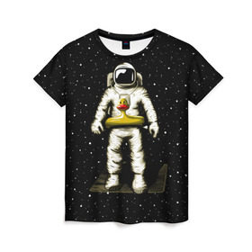 Женская футболка 3D с принтом Космонавт с уточкой в Тюмени, 100% полиэфир ( синтетическое хлопкоподобное полотно) | прямой крой, круглый вырез горловины, длина до линии бедер | астронавт | ванна | галактика | звезды | космонавт | планета | утка | уточка