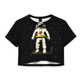 Женская футболка 3D укороченная с принтом Космонавт с уточкой в Тюмени, 100% полиэстер | круглая горловина, длина футболки до линии талии, рукава с отворотами | астронавт | ванна | галактика | звезды | космонавт | планета | утка | уточка