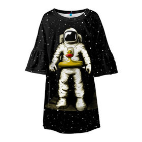 Детское платье 3D с принтом Космонавт с уточкой в Тюмени, 100% полиэстер | прямой силуэт, чуть расширенный к низу. Круглая горловина, на рукавах — воланы | астронавт | ванна | галактика | звезды | космонавт | планета | утка | уточка