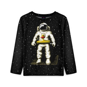 Детский лонгслив 3D с принтом Космонавт с уточкой в Тюмени, 100% полиэстер | длинные рукава, круглый вырез горловины, полуприлегающий силуэт
 | астронавт | ванна | галактика | звезды | космонавт | планета | утка | уточка