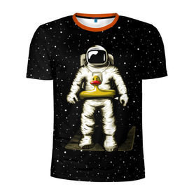 Мужская футболка 3D спортивная с принтом Космонавт с уточкой в Тюмени, 100% полиэстер с улучшенными характеристиками | приталенный силуэт, круглая горловина, широкие плечи, сужается к линии бедра | астронавт | ванна | галактика | звезды | космонавт | планета | утка | уточка