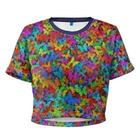 Женская футболка 3D укороченная с принтом Разноцветные бабочки в Тюмени, 100% полиэстер | круглая горловина, длина футболки до линии талии, рукава с отворотами | насекомые | паттерн | пестрый | радуга | разноцветный | яркий