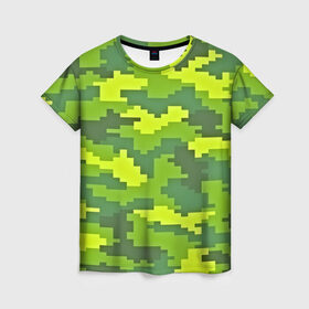Женская футболка 3D с принтом Зелёный камуфляж в Тюмени, 100% полиэфир ( синтетическое хлопкоподобное полотно) | прямой крой, круглый вырез горловины, длина до линии бедер | пиксели