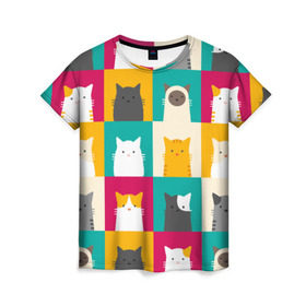 Женская футболка 3D с принтом Котейки 3 в Тюмени, 100% полиэфир ( синтетическое хлопкоподобное полотно) | прямой крой, круглый вырез горловины, длина до линии бедер | котейки | коты | кошки