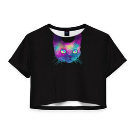 Женская футболка 3D укороченная с принтом Космокот в Тюмени, 100% полиэстер | круглая горловина, длина футболки до линии талии, рукава с отворотами | космос | кот | кошка