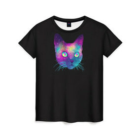 Женская футболка 3D с принтом Космокот в Тюмени, 100% полиэфир ( синтетическое хлопкоподобное полотно) | прямой крой, круглый вырез горловины, длина до линии бедер | космос | кот | кошка