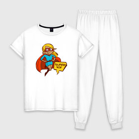 Женская пижама хлопок с принтом Super Mom в Тюмени, 100% хлопок | брюки и футболка прямого кроя, без карманов, на брюках мягкая резинка на поясе и по низу штанин | 8 марта | мама | супермама