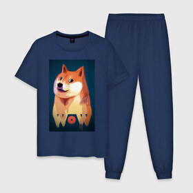 Мужская пижама хлопок с принтом Wow Doge в Тюмени, 100% хлопок | брюки и футболка прямого кроя, без карманов, на брюках мягкая резинка на поясе и по низу штанин
 | Тематика изображения на принте: 