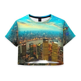 Женская футболка 3D укороченная с принтом Шанхай в Тюмени, 100% полиэстер | круглая горловина, длина футболки до линии талии, рукава с отворотами | 