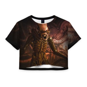 Женская футболка 3D укороченная с принтом Alien в Тюмени, 100% полиэстер | круглая горловина, длина футболки до линии талии, рукава с отворотами | alien | блокбастер. монстр | боевик | кино | кинофильм | скелет | чужой