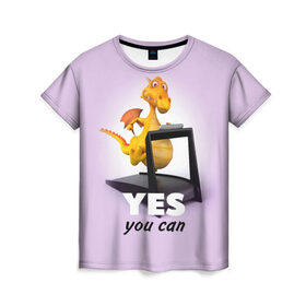 Женская футболка 3D с принтом Да, ты можешь! в Тюмени, 100% полиэфир ( синтетическое хлопкоподобное полотно) | прямой крой, круглый вырез горловины, длина до линии бедер | dragon | бег | дракон | спорт | тренажёр | тренировка | фитнес