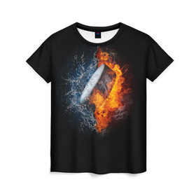 Женская футболка 3D с принтом Шайба - огонь и вода в Тюмени, 100% полиэфир ( синтетическое хлопкоподобное полотно) | прямой крой, круглый вырез горловины, длина до линии бедер | Тематика изображения на принте: вода | лед | огонь | пламя | россия | спорт | хоккей | шайба