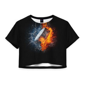 Женская футболка 3D укороченная с принтом Шайба - огонь и вода в Тюмени, 100% полиэстер | круглая горловина, длина футболки до линии талии, рукава с отворотами | вода | лед | огонь | пламя | россия | спорт | хоккей | шайба