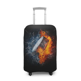Чехол для чемодана 3D с принтом Шайба - огонь и вода в Тюмени, 86% полиэфир, 14% спандекс | двустороннее нанесение принта, прорези для ручек и колес | вода | лед | огонь | пламя | россия | спорт | хоккей | шайба