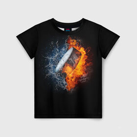 Детская футболка 3D с принтом Шайба - огонь и вода в Тюмени, 100% гипоаллергенный полиэфир | прямой крой, круглый вырез горловины, длина до линии бедер, чуть спущенное плечо, ткань немного тянется | Тематика изображения на принте: вода | лед | огонь | пламя | россия | спорт | хоккей | шайба