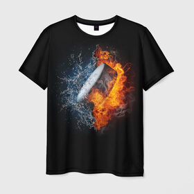 Мужская футболка 3D с принтом Шайба - огонь и вода в Тюмени, 100% полиэфир | прямой крой, круглый вырез горловины, длина до линии бедер | вода | лед | огонь | пламя | россия | спорт | хоккей | шайба