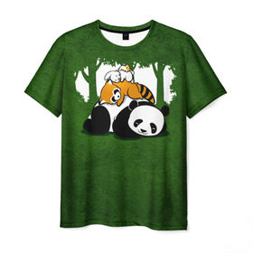Мужская футболка 3D с принтом Милая панда в Тюмени, 100% полиэфир | прямой крой, круглый вырез горловины, длина до линии бедер | большая | джунгли | енот | зайка | милая | панда | пушистая
