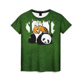 Женская футболка 3D с принтом Милая панда в Тюмени, 100% полиэфир ( синтетическое хлопкоподобное полотно) | прямой крой, круглый вырез горловины, длина до линии бедер | большая | джунгли | енот | зайка | милая | панда | пушистая