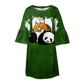 Детское платье 3D с принтом Милая панда в Тюмени, 100% полиэстер | прямой силуэт, чуть расширенный к низу. Круглая горловина, на рукавах — воланы | Тематика изображения на принте: большая | джунгли | енот | зайка | милая | панда | пушистая