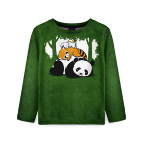 Детский лонгслив 3D с принтом Милая панда в Тюмени, 100% полиэстер | длинные рукава, круглый вырез горловины, полуприлегающий силуэт
 | большая | джунгли | енот | зайка | милая | панда | пушистая