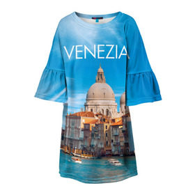 Детское платье 3D с принтом Венеция в Тюмени, 100% полиэстер | прямой силуэт, чуть расширенный к низу. Круглая горловина, на рукавах — воланы | boat | city | italy | mooring | sea | strait | street | temple area | venice | венеция | город | италия | лодки | море | площадь | причал | пролив | улицы | храм