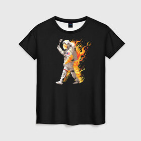 Женская футболка 3D с принтом Горячий космонавт в Тюмени, 100% полиэфир ( синтетическое хлопкоподобное полотно) | прямой крой, круглый вырез горловины, длина до линии бедер | астронавт | вселенная | космонавт | космос | огонь | планета | тьма | человек