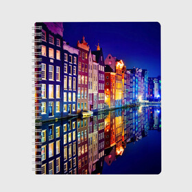 Тетрадь с принтом Амстердама Нидерланды в Тюмени, 100% бумага | 48 листов, плотность листов — 60 г/м2, плотность картонной обложки — 250 г/м2. Листы скреплены сбоку удобной пружинной спиралью. Уголки страниц и обложки скругленные. Цвет линий — светло-серый
 | Тематика изображения на принте: amsterdam | boat | bright | color | lights | night | pier | rainbow | reflection | the city | the netherlands | the strait | water | амстердама | вода | город | лодка | нидерланды | ночь | огни | отражение | причал | пролив | радуга | цвет | яркий
