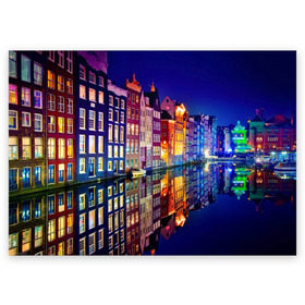 Поздравительная открытка с принтом Амстердама, Нидерланды в Тюмени, 100% бумага | плотность бумаги 280 г/м2, матовая, на обратной стороне линовка и место для марки
 | Тематика изображения на принте: amsterdam | boat | bright | color | lights | night | pier | rainbow | reflection | the city | the netherlands | the strait | water | амстердама | вода | город | лодка | нидерланды | ночь | огни | отражение | причал | пролив | радуга | цвет | яркий